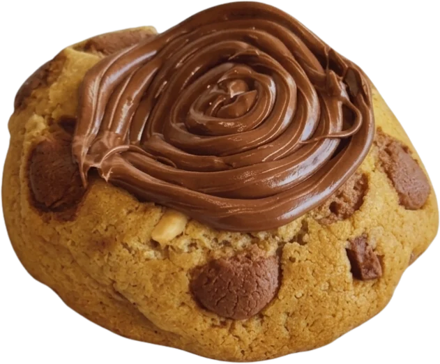 Cookie artesanal com gotas de chocolate e cobertura cremosa.